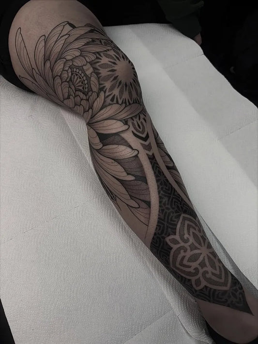Big Fine Line Mandala and Peony Tattoo on Women Thigh by @piri.green.tattoos