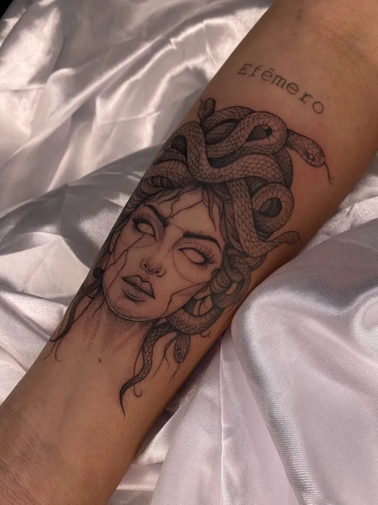 Big Fine Line Medusa on Women Arm Tattoo by @bina.tattooart