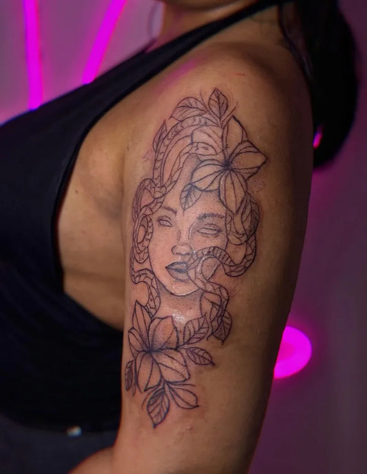 Big Fine Line Medusa with Flowers on Women Shoulder Tattoo by @belly.inktattoo