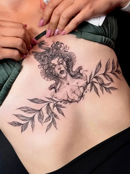 Big Fine Line Medusa with Laurel on Women Chest Tattoo by @wixien_artworks