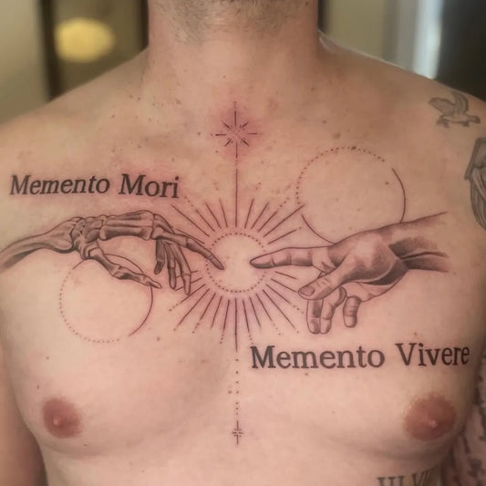 Big Fine Line Memento Mori Hands Sun on Men Chest Tattoo by @romileyink