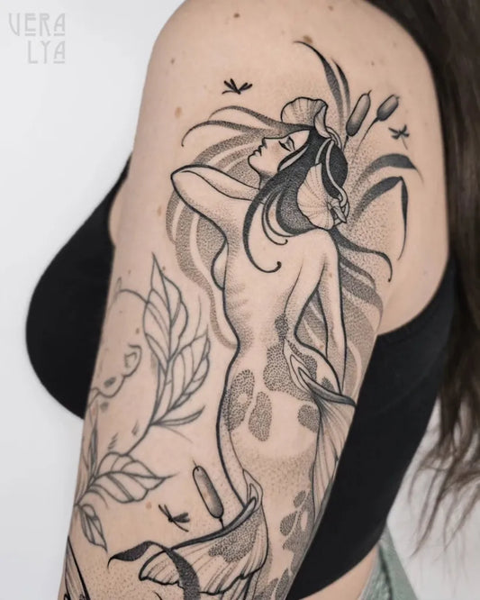 Big Fine Line Mermaid and Reeds Tattoo on Women Shoulder by @_veralya
