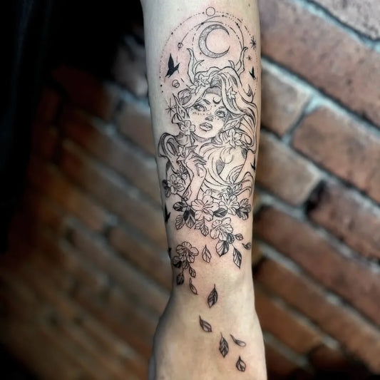 Big Fine Line Moon Goddess with Flowers on Women Forearm Tattoo by @gentlemangeorgestattooparlour
