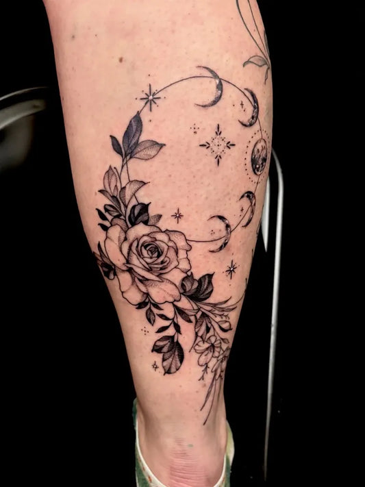 Big Fine Line Moon Rose Leaves on Women Thigh Tattoo by @tofutatu