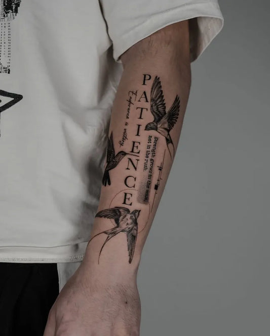 Big Fine Line Patience Word with Swallows on Men Forearm Tattoo by @hood.seven.guests