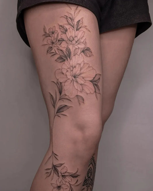 Big Fine Line Peonies and Leaves on Women Thigh Tattoo by @zoelouisetattoo
