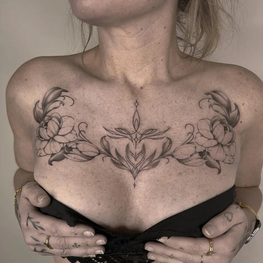 Big Fine Line Peonies and Mandala on Women Sternum Tattoo by @lindner_tattoos