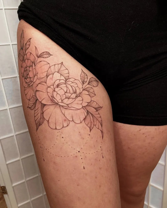 Big Fine Line Peonies on Women Thigh Tattoo by @annieelizabethtattoo