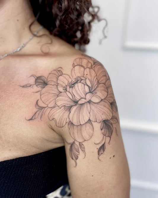 Big Fine Line Peony Flower on Women Shoulder Tattoo by @maila.nardi_tattoo