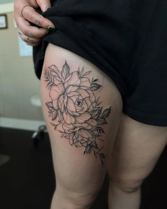 Big Fine Line Peony Flower on Women Thigh Tattoo by @levelupstu.dio