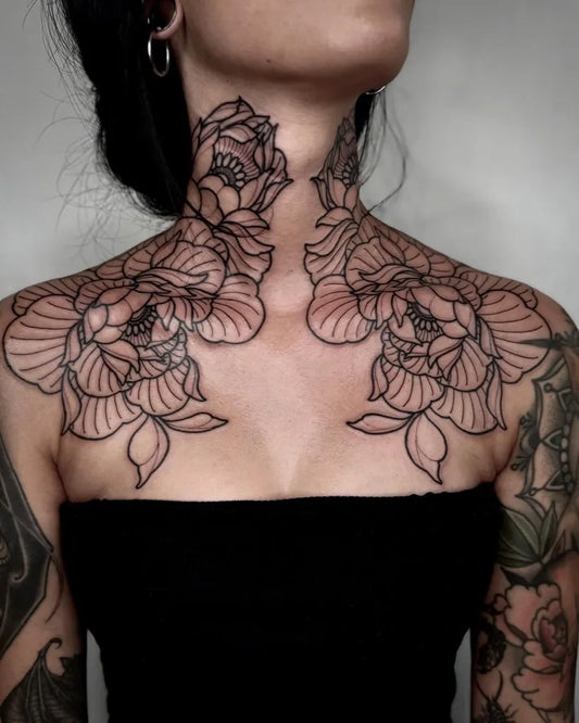 Big Fine Line Peony Flowers on Women Chest Tattoo by @susannmarleen
