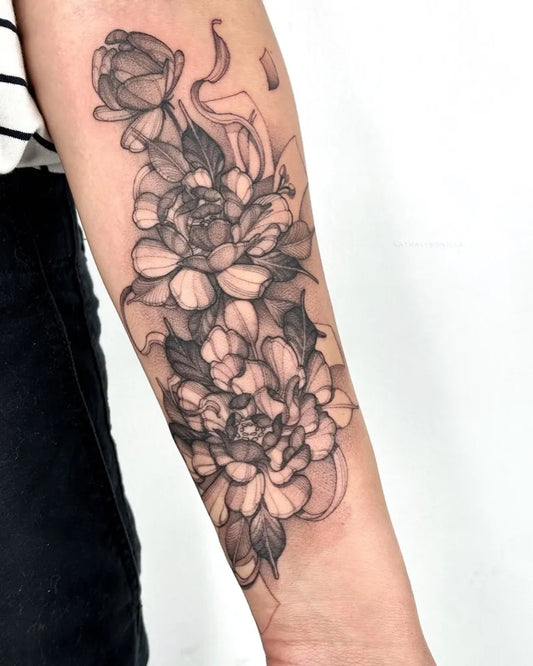 Big Fine Line Peony Flowers on Women Forearm Tattoo by @nathalybonilla