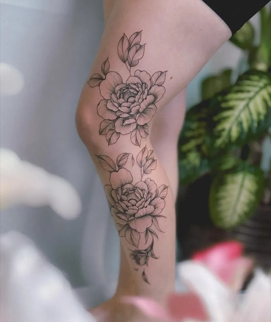 Big Fine Line Peony Flowers on Women Leg Tattoo by @frankie_tattooist