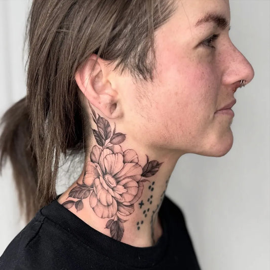 Big Fine Line Peony Flowers on Women Neck Tattoo by @hej.liztattoo