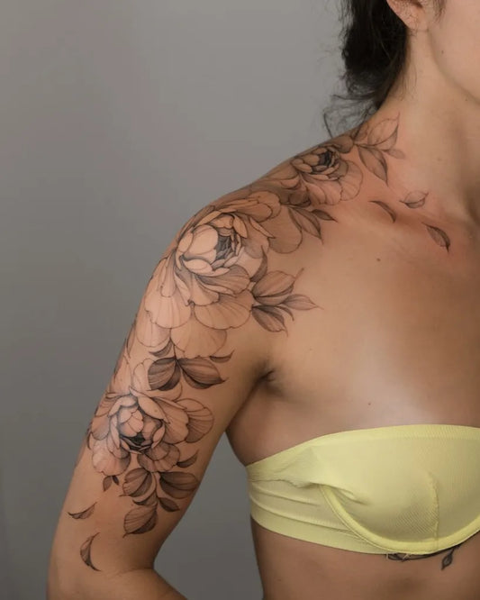 Big Fine Line Peony Flowers on Women Shoulder Flower Tattoo by @comeeealiveee