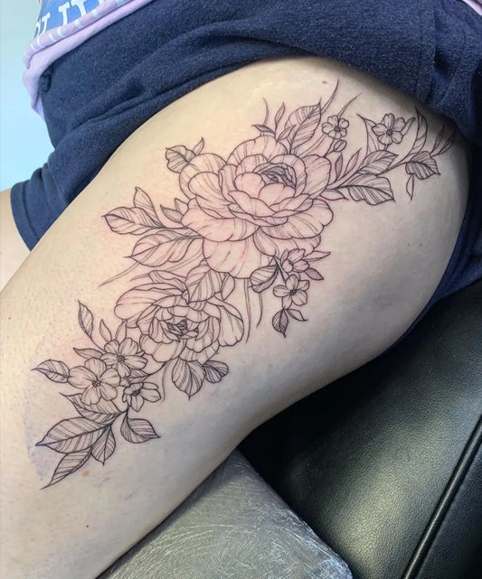 Big Fine Line Peony Flowers on Women Thigh Tattoo by @crissyp88tattoos