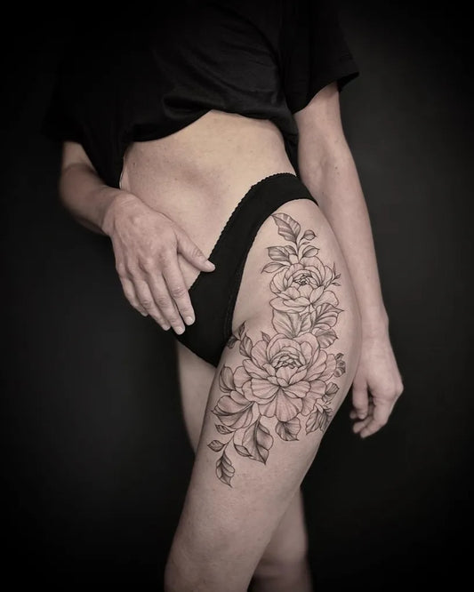 Big Fine Line Peony Flowers on Women Thigh Tattoo by @lana.tattoo.studio