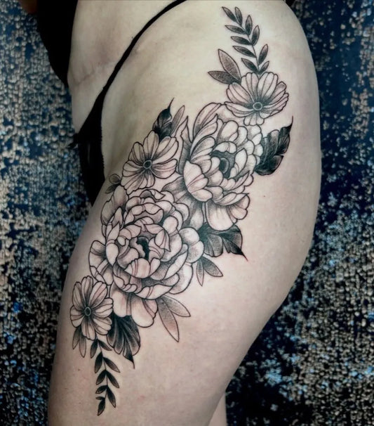Big Fine Line Peony Flowers on Women Thigh Tattoo by @rose_glazebrook_tattoos