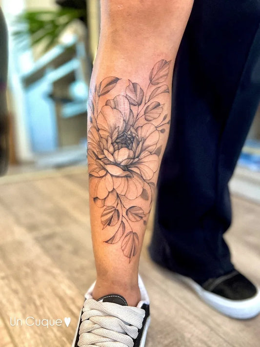Big Fine Line Peony Leaves on Women Leg Flower Tattoo by @_cuquetattoo