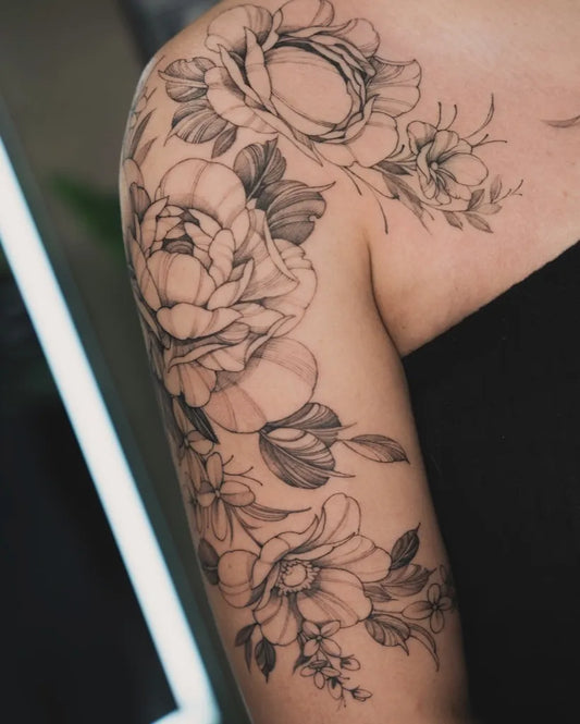 Big Fine Line Peony and Rose on Women Shoulder Flower Tattoo by @tattoosbytri