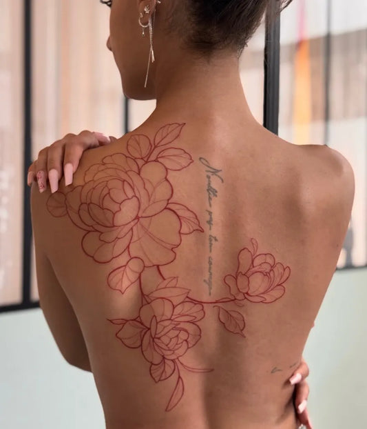 Big Fine Line Peony and Script on Women Back Tattoo by @ottaviaultraviolet