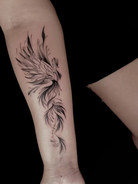 Big Fine Line Phoenix Wings on Women Arm Tattoo by @jonny_elliott_phx