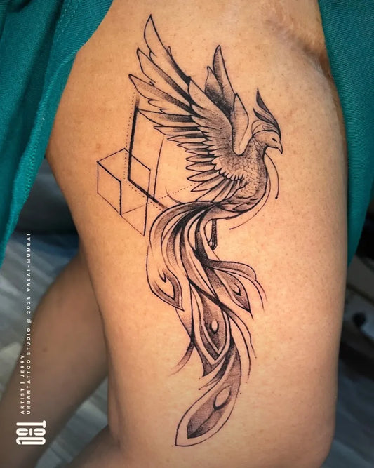 Big Fine Line Phoenix and Cubes on Women Thigh Tattoo by @urbantattoo.india