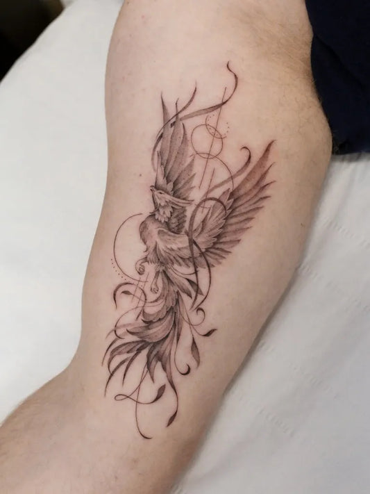 Big Fine Line Phoenix and Infinity on Men Arm Tattoo by @amberbreeze.tattoo