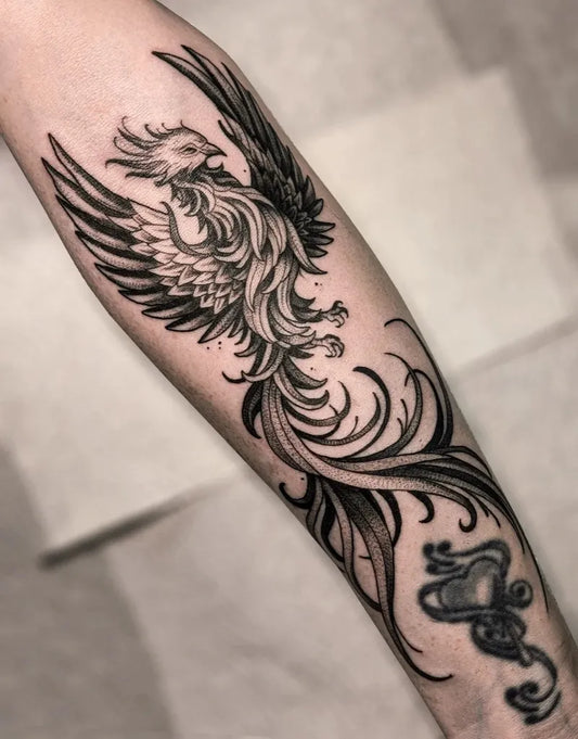 Big Fine Line Phoenix and Lock on Women Arm Tattoo by @maggiefoxart