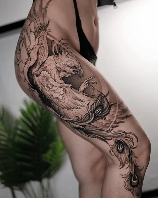 Big Fine Line Phoenix and Peonies on Women Thigh Tattoo by @abcd_tattoo