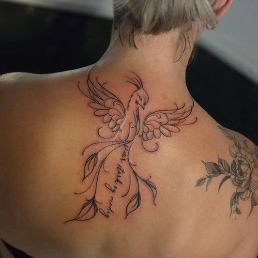 Big Fine Line Phoenix and Script on Women Back Tattoo by @force_ink_