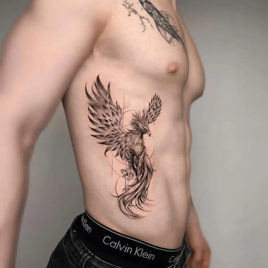 Big Fine Line Phoenix on Men Side Tattoo by @valen.inked