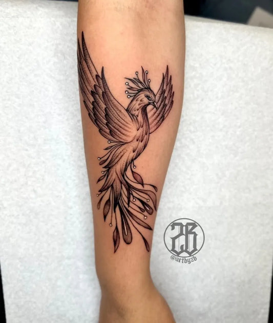 Big Fine Line Phoenix on Women Arm Tattoo by @artbyzb