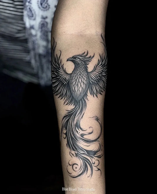 Big Fine Line Phoenix on Women Arm Tattoo by @bluebloodtattoostudio