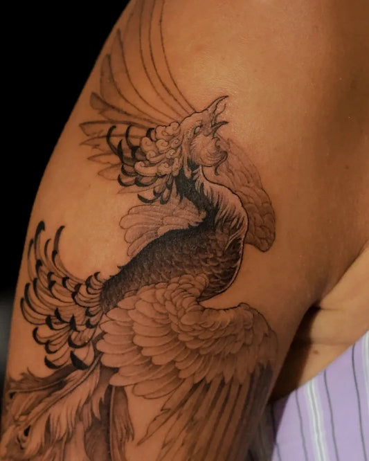 Big Fine Line Phoenix on Women Arm Tattoo by @zeetattoo