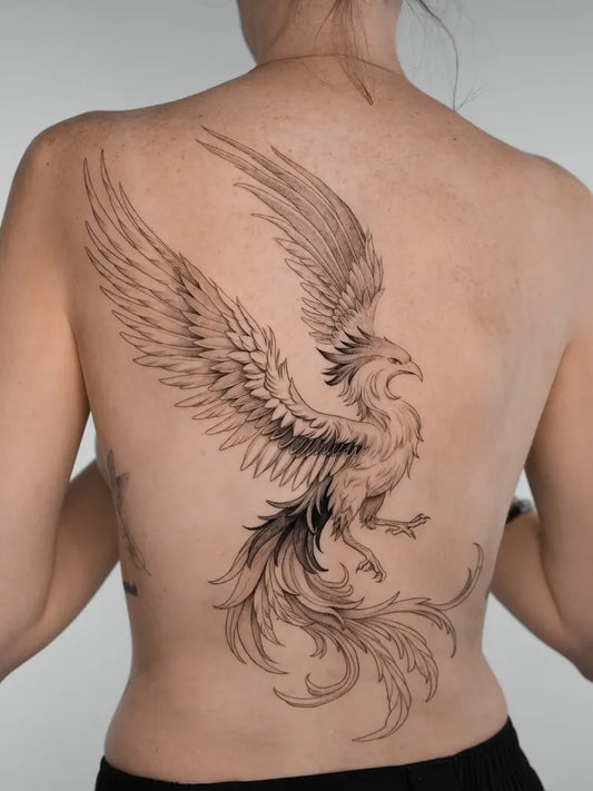 Big Fine Line Phoenix on Women Back Tattoo by @kathy_tattoo
