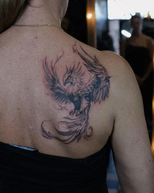 Big Fine Line Phoenix on Women Shoulder Tattoo by @bigmora