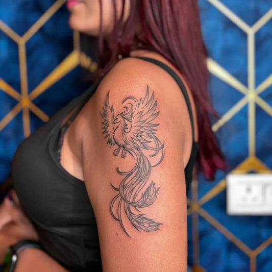 Big Fine Line Phoenix on Women Shoulder Tattoo by @powerblacktattoos