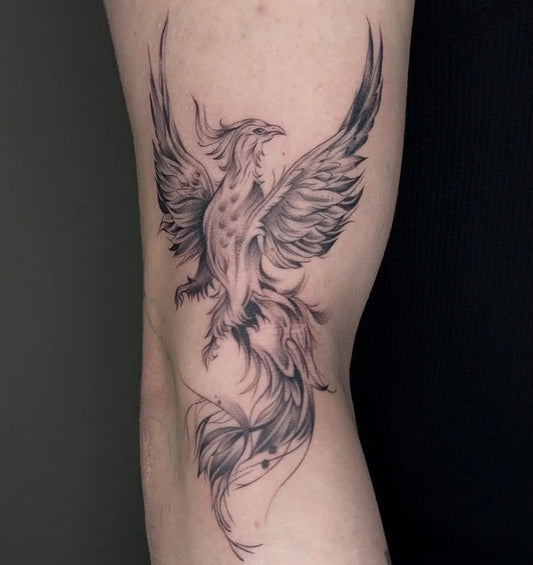 Big Fine Line Phoenix on Women Thigh Tattoo by @silvania.tattoo