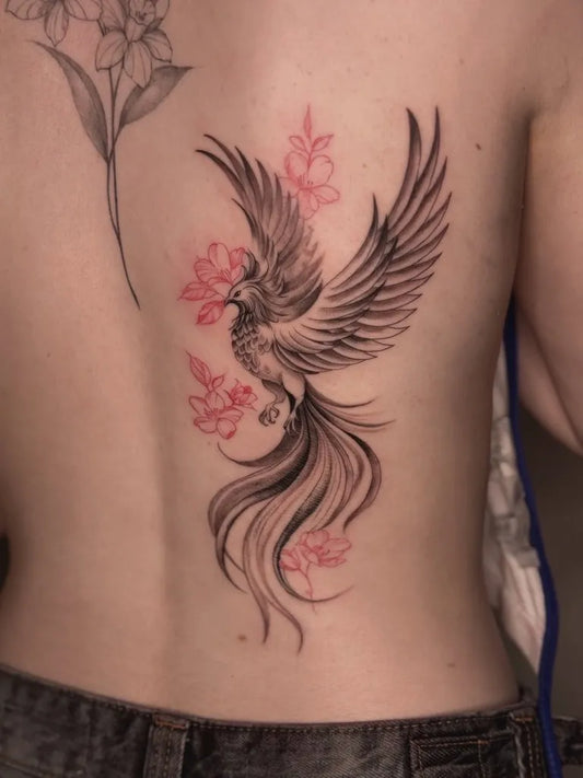 Big Fine Line Phoenix with Flowers on Women Back Tattoo by @bluebell.tatts