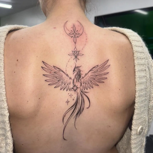 Big Fine Line Phoenix with Moon and Stars on Women Back Tattoo by @kelzinkkingdom