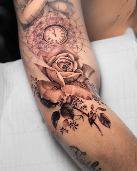 Big Fine Line Rose Clock on Men Arm Tattoo by @imbk.tattoo