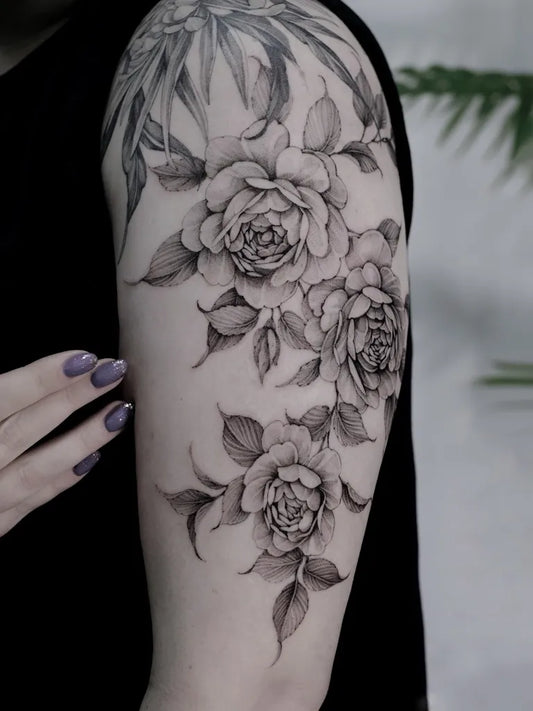 Big Fine Line Roses Leaves on Women Arm Tattoo by @tattoovictoriabakulina