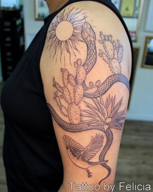 Big Fine Line Snake Cactus Quetzal on Women Shoulder Tattoo by @tigerlotustattoo