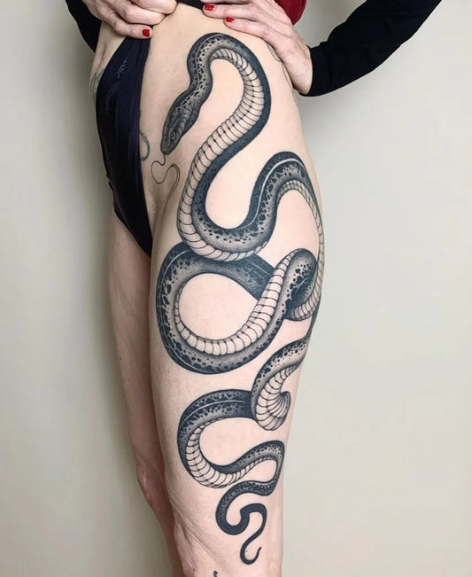 Big Fine Line Snake on Women Thigh Tattoo by @tattooideas247