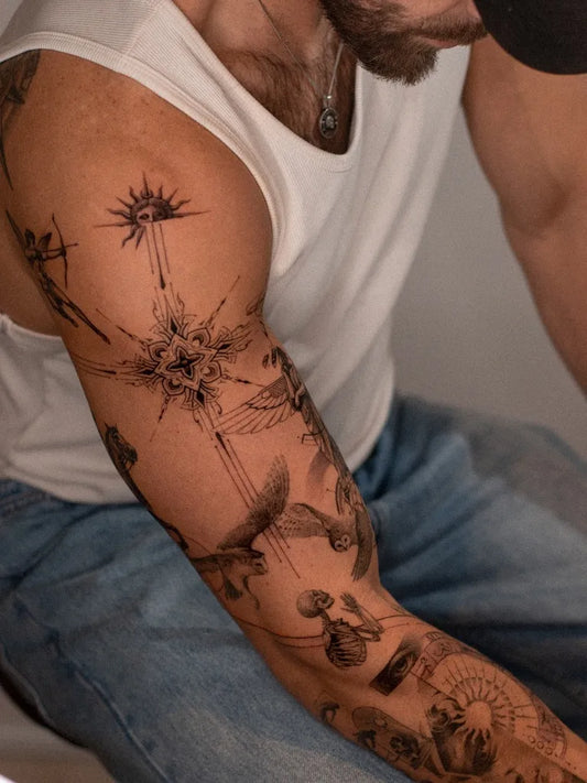 Big Fine Line Sun Birds Stars on Men Arm Tattoo by @thimo.derks