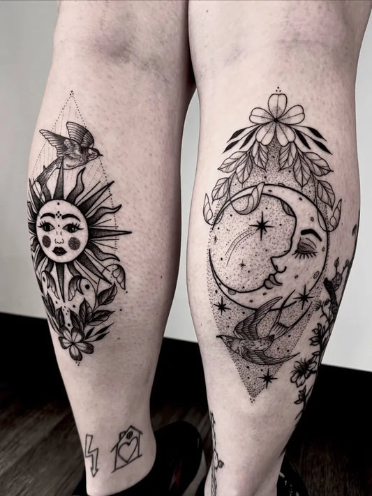 Big Fine Line Sun Moon Bird on Women Legs Tattoo by @katepenntattoos