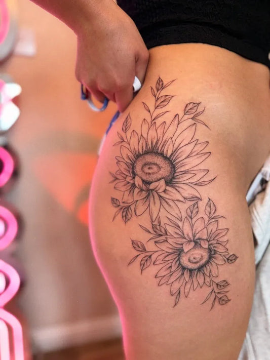 Big Fine Line Sunflowers on Women Thigh Tattoo by @becca_tattoo