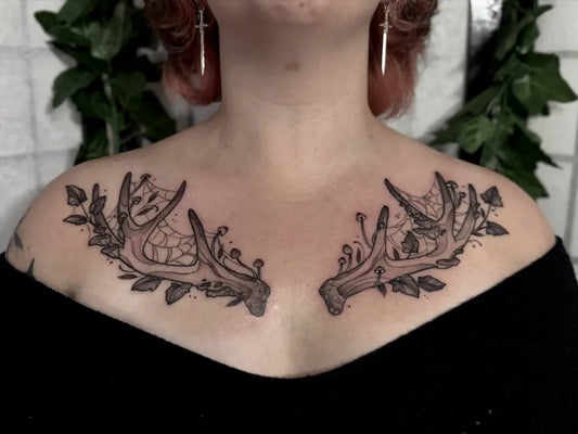 Big FineLine Antlers Mushrooms on Women Chest Tattoo by @vievetattoos