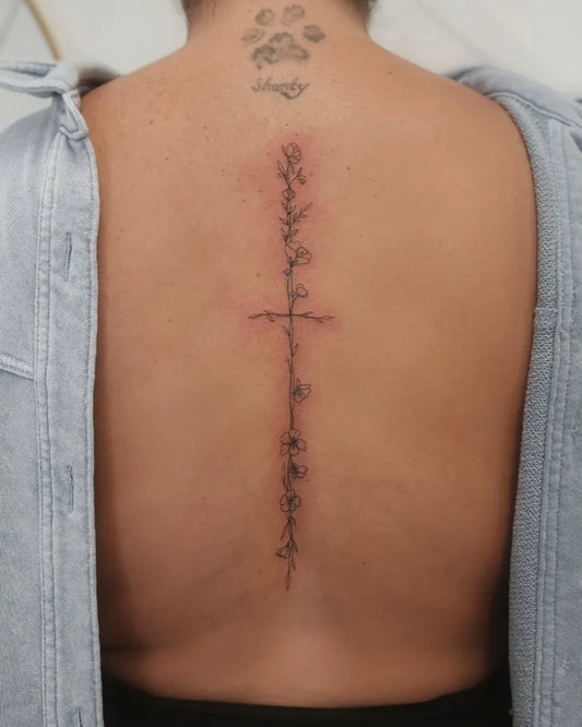 Big FineLine Cross and Roses on Women Back Tattoo by @thesecretfix